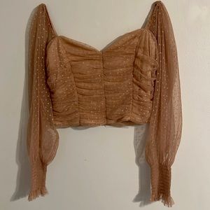 Tan crop top (never been worn) elastic shoulder and wrists/ poka dots